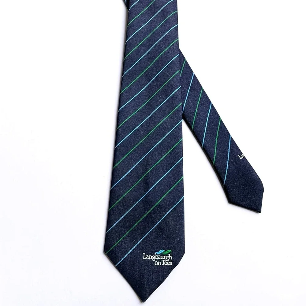 M.&C. McDade Glasgow Mens Tie Navy Blue Green Striped Langbaurgh on Tees Logo‎
